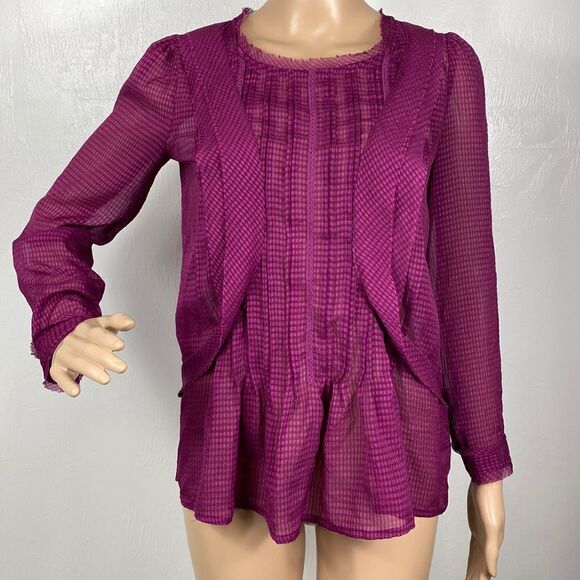 HD In Paris Anthropologie Thistleberry Ruffle Semi-Sheer Blouse in Magenta sz 2 - Picture 1 of 13